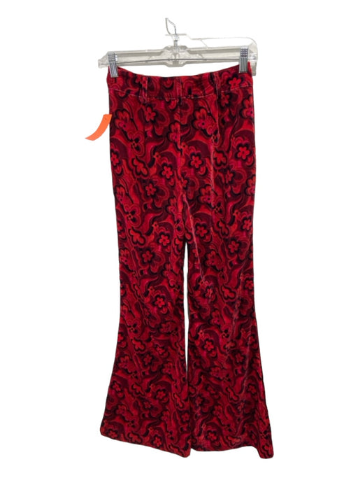 For Love & Lemons Size XS Red Polyester Velvet Floral Flare Pockets Pants Red / XS