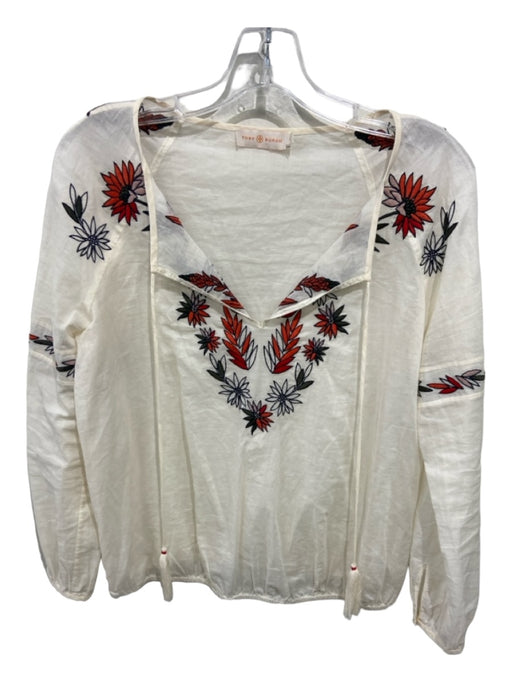 Tory Burch Size 0 White & Red Cotton V Neck Floral Embroidery Long Sleeve Top White & Red / 0