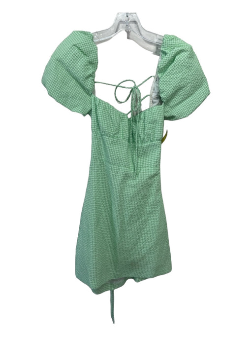 Zara Size Medium Green & White Cotton Gingham Short Puff Sleeve Dress Green & White / Medium