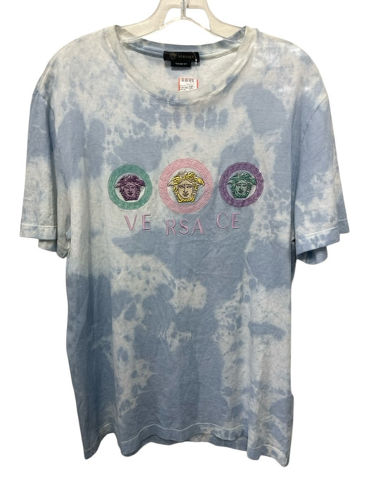 Versace Size XL Blue, White, Multi Cotton Short Sleeve Medusa Embroidered Top Blue, White, Multi / XL