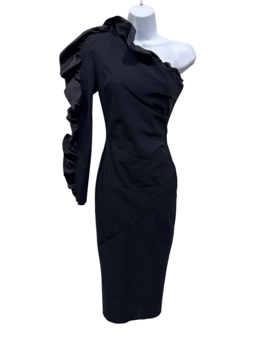 Greta Constantine Size XS Black Silk & Wool One Shoulder Ruffle Hem Midi Dress Black / XS
