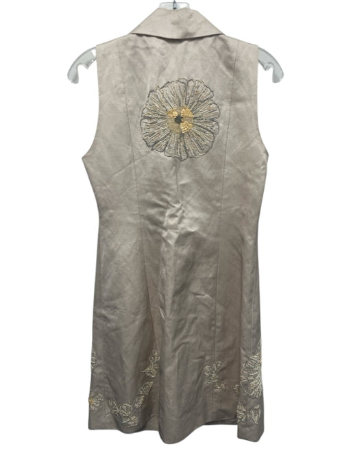 Biya Size S Beige Rayon & Linen Beaded Sleeveless Collared Button Front Dress Beige / S