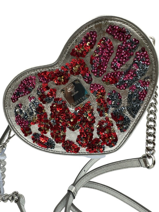 MCM Silver & Red Embroidered Shoulder Fanny Pack heart shaped Bag Silver & Red