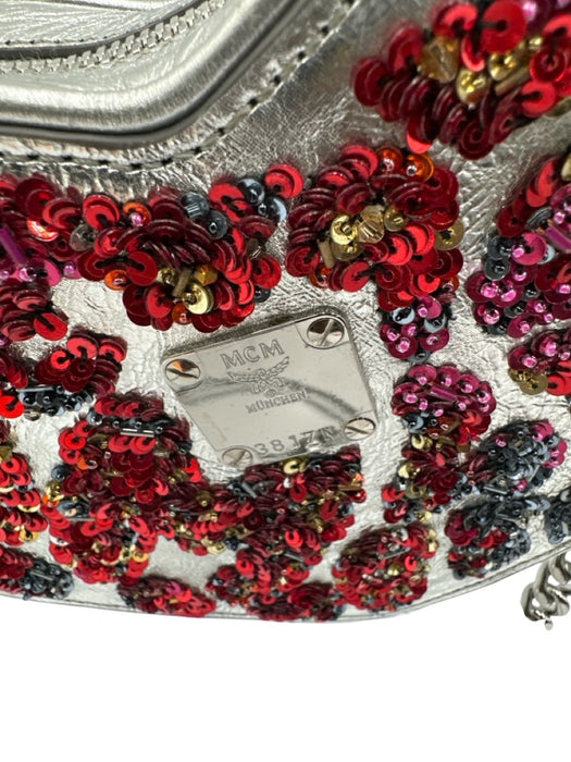 MCM Silver & Red Embroidered Shoulder Fanny Pack heart shaped Bag Silver & Red