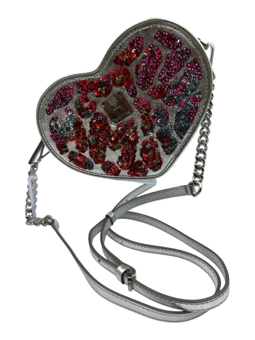 MCM Silver & Red Embroidered Shoulder Fanny Pack heart shaped Bag Silver & Red