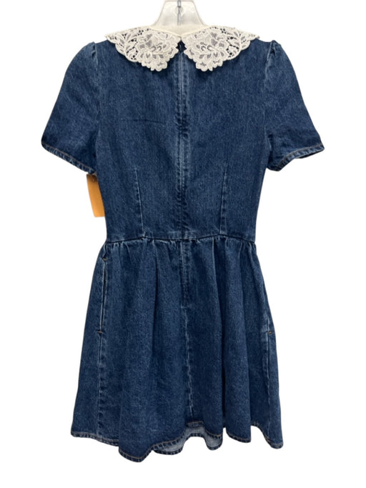 Self Portrait Size 0 Denim & White Cotton Lace Neck Rhinestone Puff Sleeve Dress Denim & White / 0