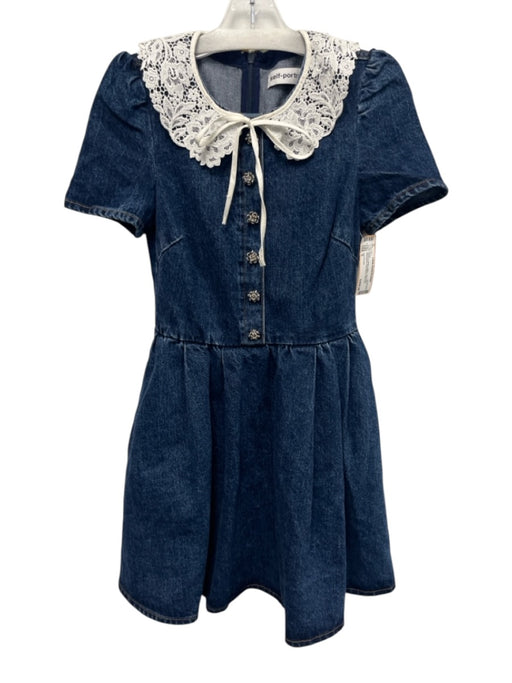 Self Portrait Size 0 Denim & White Cotton Lace Neck Rhinestone Puff Sleeve Dress Denim & White / 0