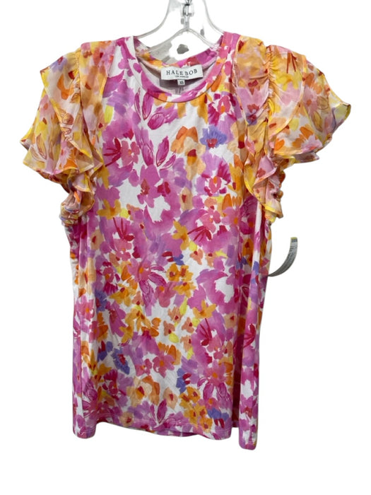 Hale Bob Size XS White, Pink & Orange Rayon Blend Ruffle Sleeves Round Neck Top White, Pink & Orange / XS