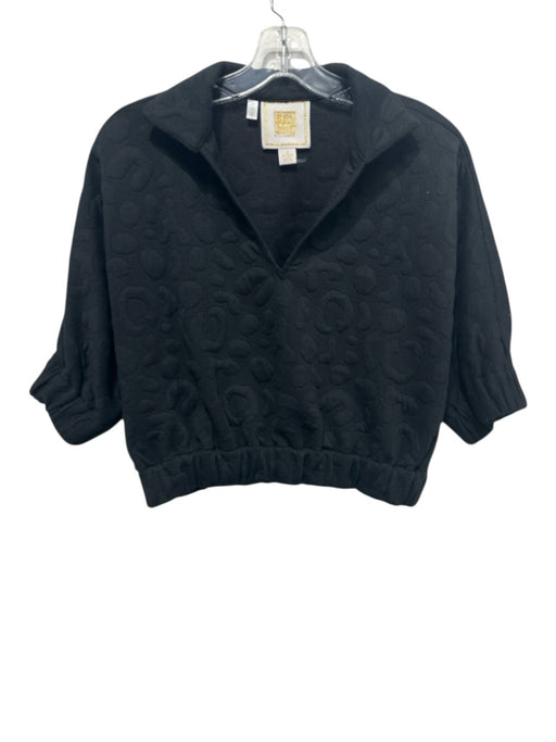 Emily McCarthy Size S Black Polyester Blend Textured Short Sleeve Collar Top Black / S