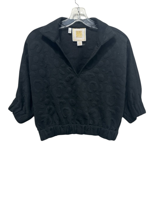 Emily McCarthy Size S Black Polyester Blend Textured Short Sleeve Collar Top Black / S