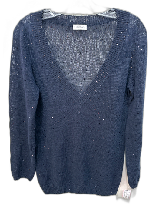 Brunello Cucinelli Size M Navy Linen, Cotton & Silk Rib Knit Sequinned Sweater Navy / M