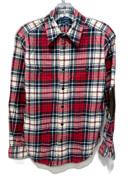 Ralph Lauren Size 8 Red, Cream & Navy Cotton Flannel Plaid Elbow Patch Top Red, Cream & Navy / 8