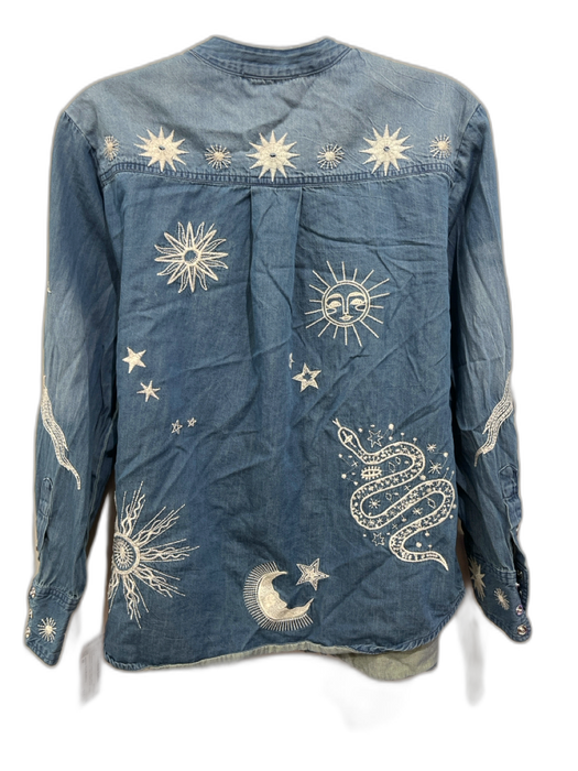 Johnny Was Workshop Size M Chambray Cotton Long Sleeve Embroidered Stars Top Chambray / M