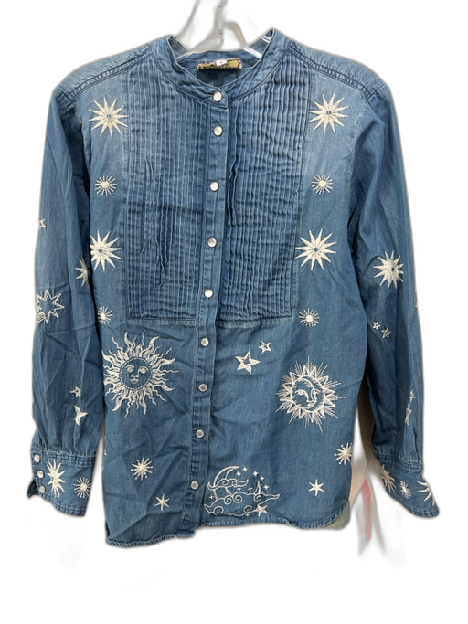 Johnny Was Workshop Size M Chambray Cotton Long Sleeve Embroidered Stars Top Chambray / M
