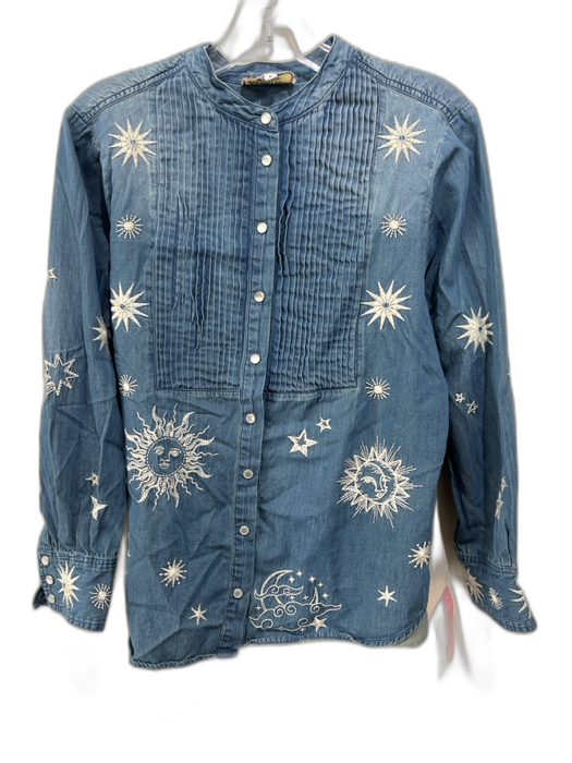 Johnny Was Workshop Size M Chambray Cotton Long Sleeve Embroidered Stars Top Chambray / M