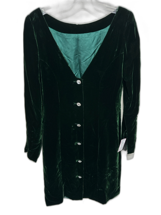 Size 6 Emerald Green Velvet Rhinestone Buttons V Neck Shoulder Pad Dress Emerald Green / 6