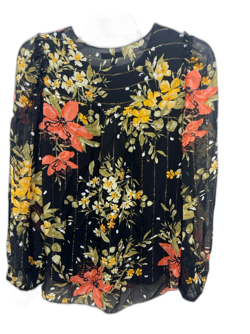Joie Size Small Black, Orange & Multi Print Silk Sheer Overlay Floral Top Black, Orange & Multi Print / Small