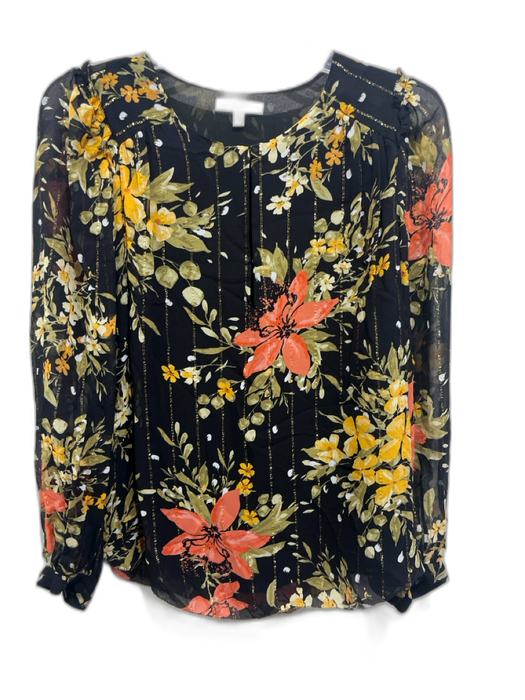 Joie Size Small Black, Orange & Multi Print Silk Sheer Overlay Floral Top Black, Orange & Multi Print / Small