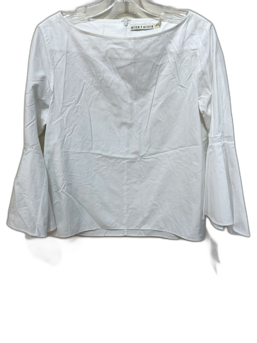 Alice + Olivia Size M White Cotton Long Flare Sleeve Back Zip Boxy boat neck Top White / M