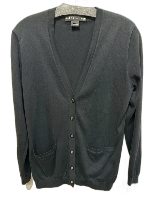 Ralph Lauren Size L Black Cotton Blend Rib Knit Button Up Patch Pocket Cardigan Black / L