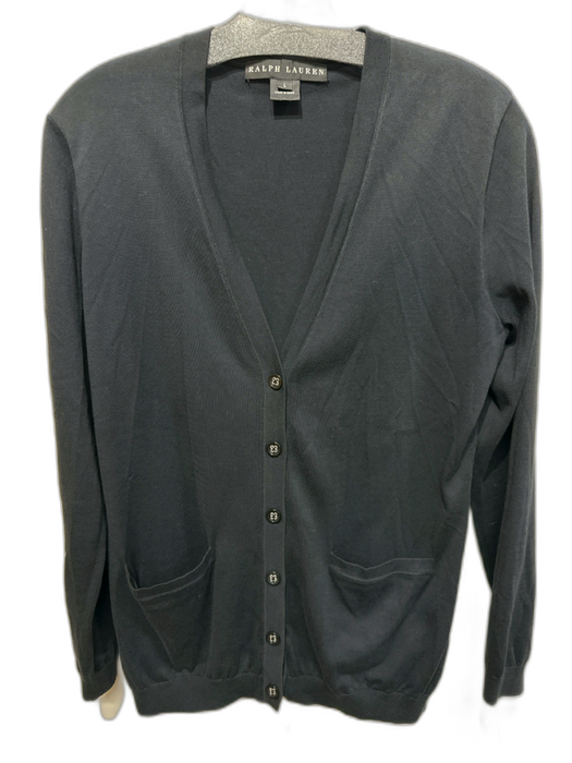 Ralph Lauren Size L Black Cotton Blend Rib Knit Button Up Patch Pocket Cardigan Black / L