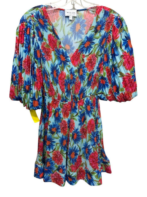 Milly Size 2 Blue, Pink, Green Polyester Floral Micropleated Mini Dress Blue, Pink, Green / 2