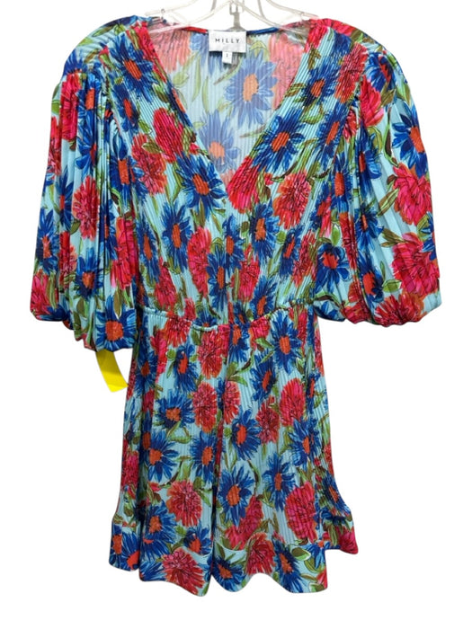 Milly Size 2 Blue, Pink, Green Polyester Floral Micropleated Mini Dress Blue, Pink, Green / 2