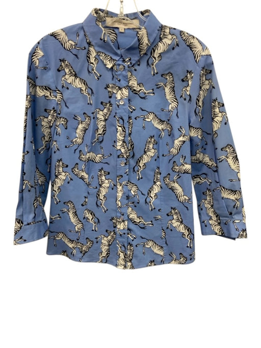 Carolina Herrera Size 6 Blue & Multi Cotton Blend Printed Collared Top Blue & Multi / 6