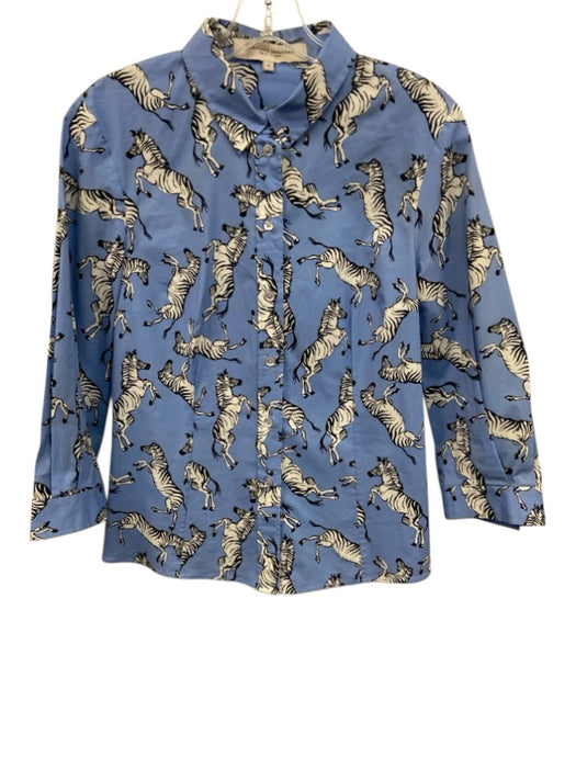 Carolina Herrera Size 6 Blue & Multi Cotton Blend Printed Collared Top Blue & Multi / 6
