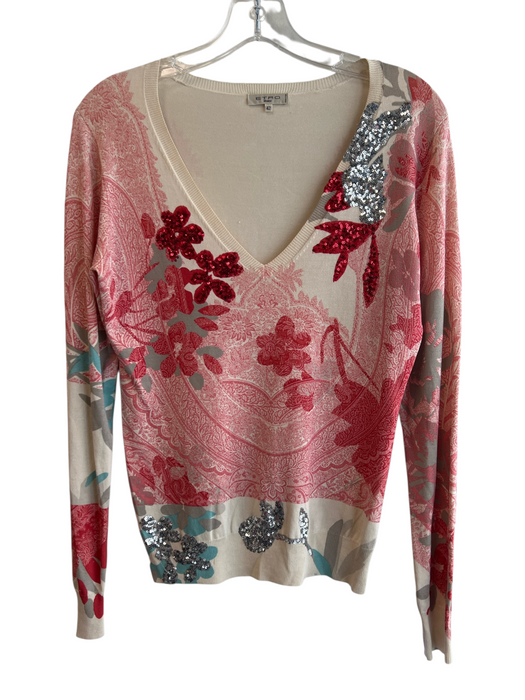 Etro Size 42 Ivory & Multi Silk Blend Knit V Neck Sequin Long Sleeve Top Ivory & Multi / 42
