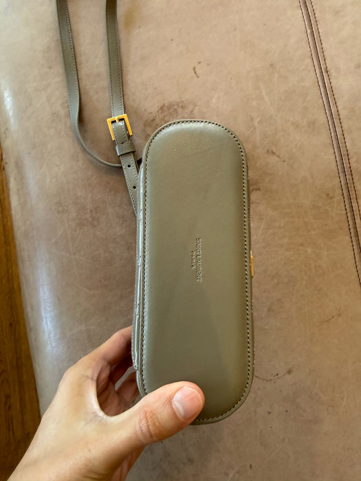 Saint Laurent Taupe & Gold Leather Zip Close Quilted Logo Crossbody Strap Bag