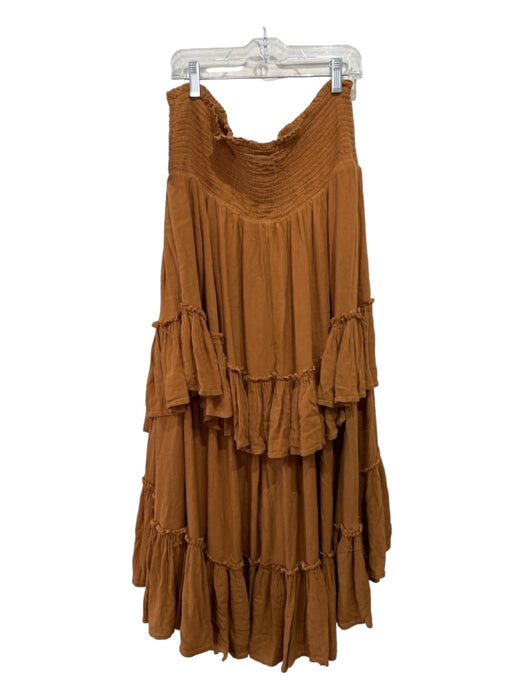 Free People Size XL Orange Brown Viscose Elastic Waist Tiered Raw Hem Midi Skirt Orange Brown / XL