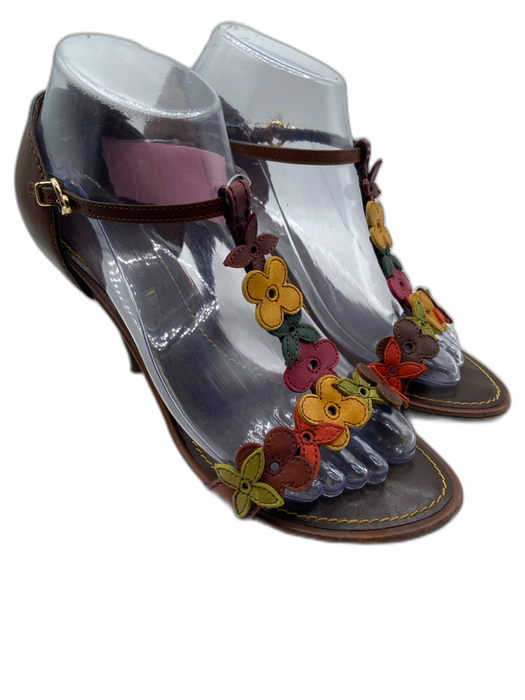 Louis Vuitton Shoe Size 37.5 Brown, Orange & Multi Leather T Strap Sandal Pumps Brown, Orange & Multi / 37.5