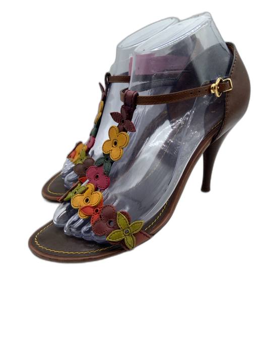 Louis Vuitton Shoe Size 37.5 Brown, Orange & Multi Leather T Strap Sandal Pumps Brown, Orange & Multi / 37.5