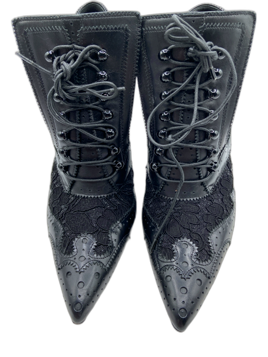 Givenchy Shoe Size 38 Black Leather Pointed Toe Floral Lace Up Cut Out Booties Black / 38