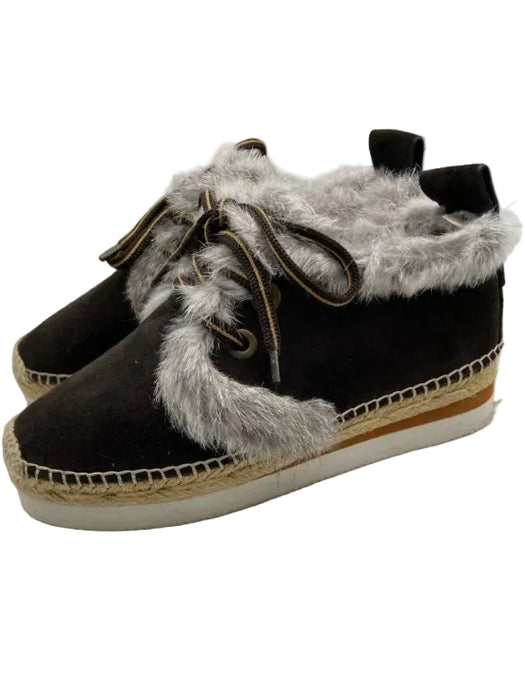 See By Chloe Shoe Size 35 Brown, Gray & Beige Suede Rabbit Fur Trim Sneakers
