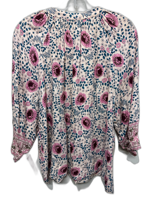 Natalie Martin Size S Cream, Blue & Pink Rayon Floral Quarter Button Flowy Top Cream, Blue & Pink / S