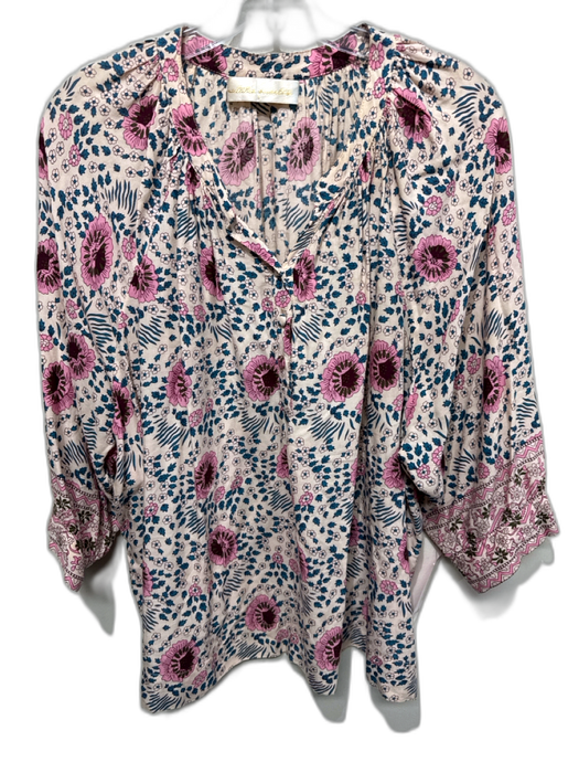 Natalie Martin Size S Cream, Blue & Pink Rayon Floral Quarter Button Flowy Top Cream, Blue & Pink / S