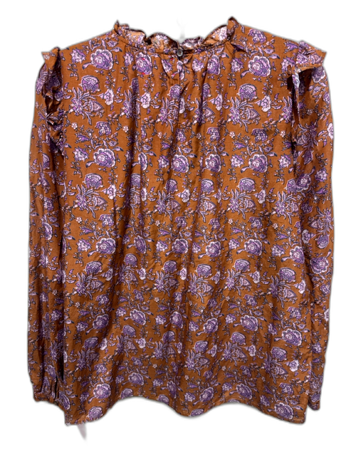 XiRENA Size S Burnt Orange & Purple Cotton & Silk Floral Ruffle Details Top Burnt Orange & Purple / S