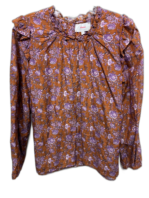 XiRENA Size S Burnt Orange & Purple Cotton & Silk Floral Ruffle Details Top Burnt Orange & Purple / S