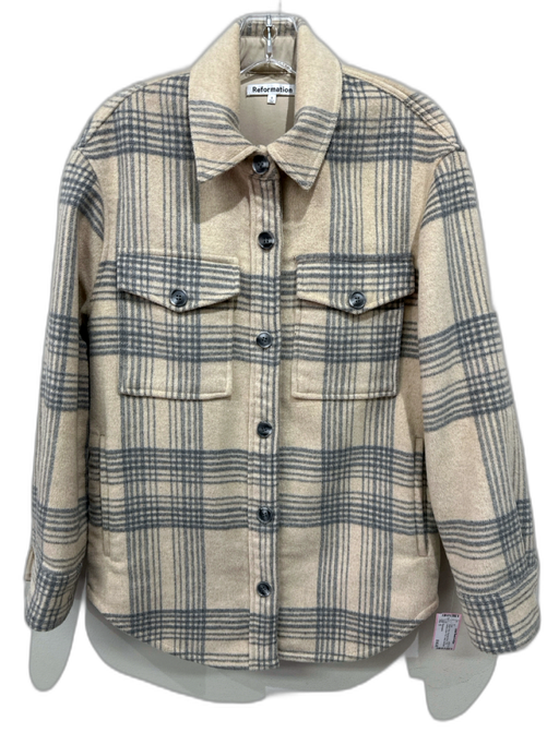 Reformation Size S Beige & Gray Polyester Blend Plaid Collared Button Front Coat Beige & Gray / S