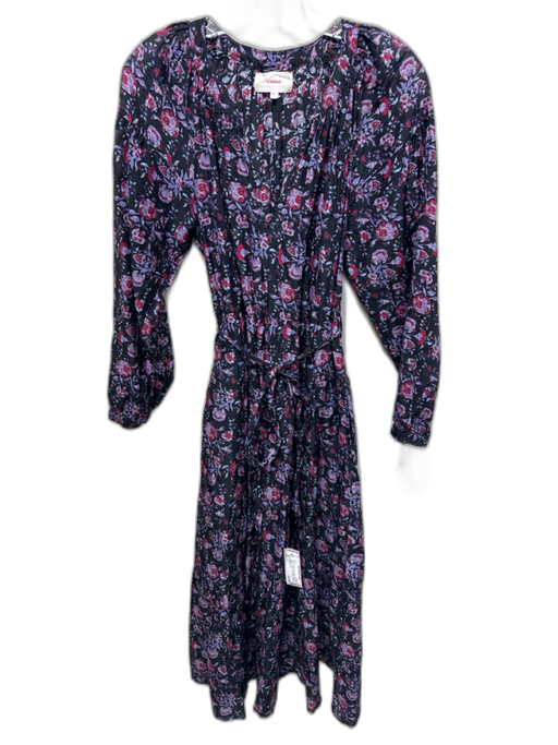 XiRENA Size S Black, Purple & Red Cotton & Silk Floral Paisley V Neck Dress Black, Purple & Red / S