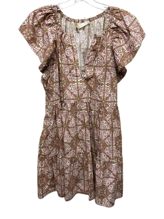 Marie Oliver Size S Cream, Brown, Purple Cotton Abstract Print Cap Sleeve Dress Cream, Brown, Purple / S