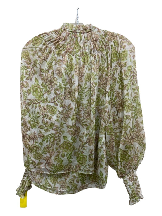 Misa Size S Green, White, Pink Polyester Floral Long Sleeve Ruffle Neckline Top Green, White, Pink / S