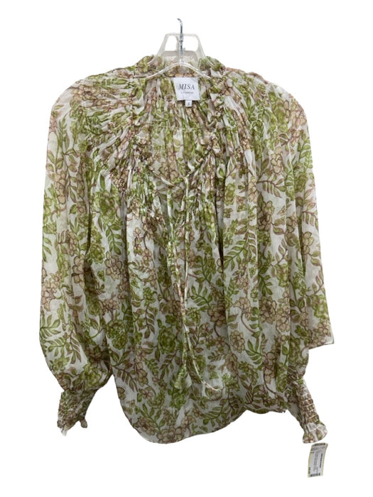 Misa Size S Green, White, Pink Polyester Floral Long Sleeve Ruffle Neckline Top Green, White, Pink / S