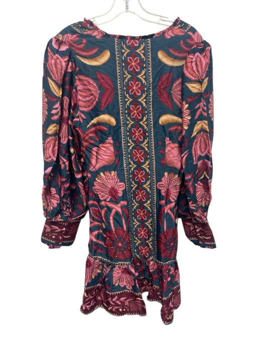 Farm Rio Size S Blue, Red & Multi Viscose & Rayon Floral Long Puff Sleeve Dress Blue, Red & Multi / S