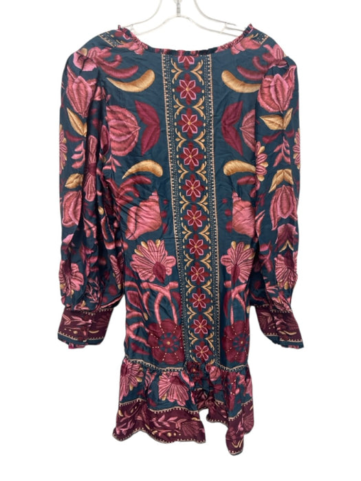 Farm Rio Size S Blue, Red & Multi Viscose & Rayon Floral Long Puff Sleeve Dress Blue, Red & Multi / S