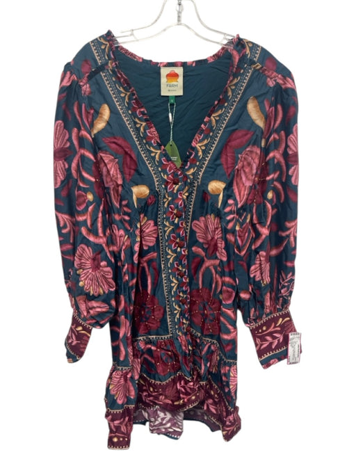 Farm Rio Size S Blue, Red & Multi Viscose & Rayon Floral Long Puff Sleeve Dress Blue, Red & Multi / S