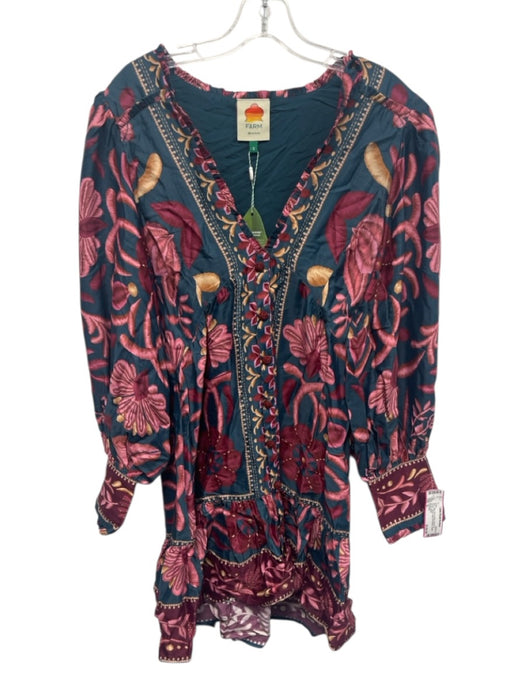 Farm Rio Size S Blue, Red & Multi Viscose & Rayon Floral Long Puff Sleeve Dress Blue, Red & Multi / S