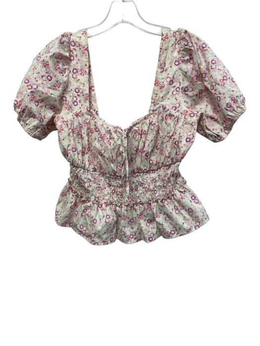 Wayf Size S White & Multi Cotton Blend Floral Short Puff Sleeve Tie Detail Top White & Multi / S